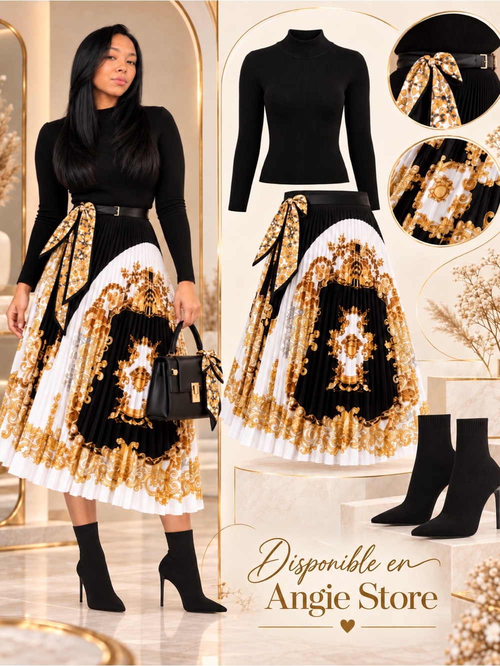 Baroque Pleated Midi Skirt in Black, White & Gold